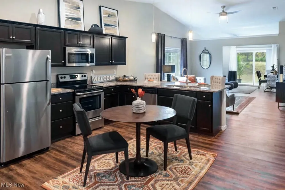 Kitchen featuring a sink, open floor plan, appliances with stainless steel finishes, a peninsula, and dark cabinets