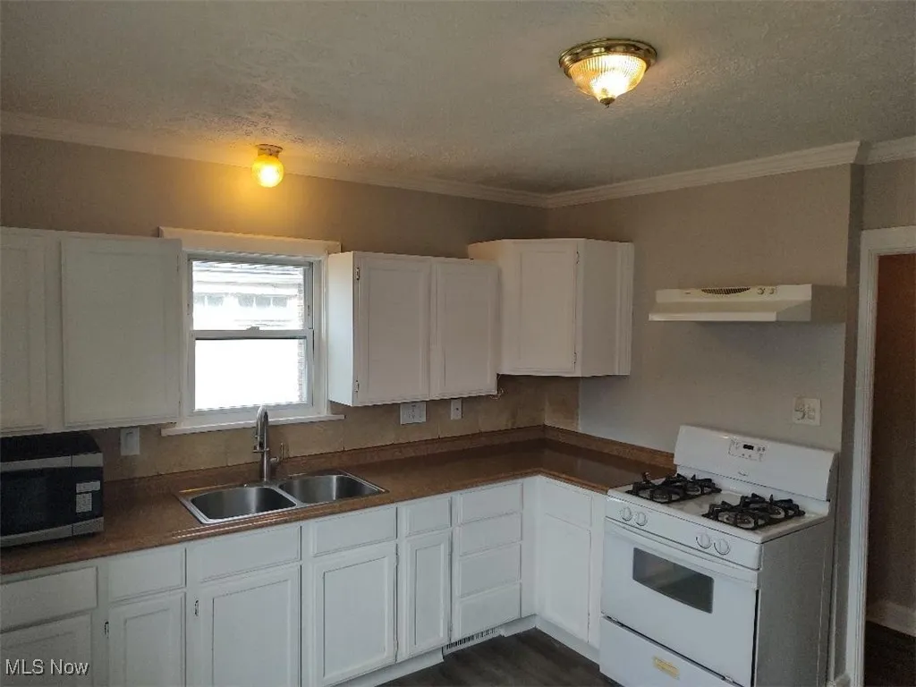 Kitchen with white gas stove, stainless steel microwave, under cabinet range hood, white cabinetry, and a sink