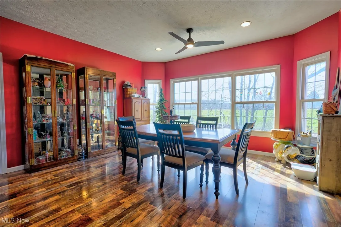 Dining area with baseboards, ceiling fan, wood finished floors, and plenty of natural light