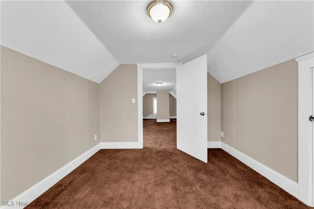 Additional living space featuring baseboards, carpet flooring, a textured ceiling, and vaulted ceiling