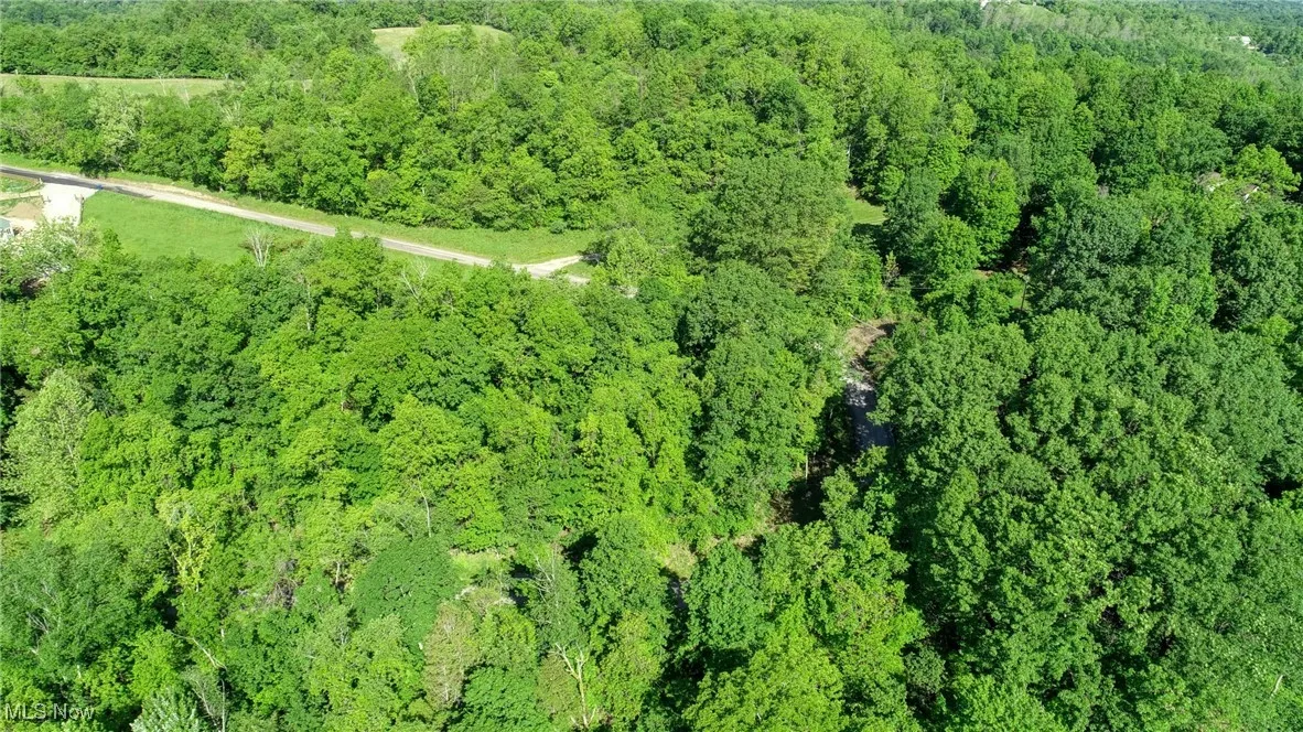 Aerial view of property and surrounding area with a heavily wooded area