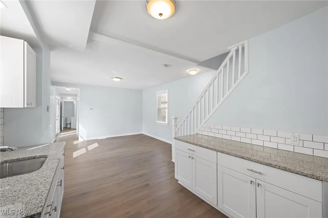 Kitchen with decorative backsplash, white cabinetry, a sink, and wood style floors