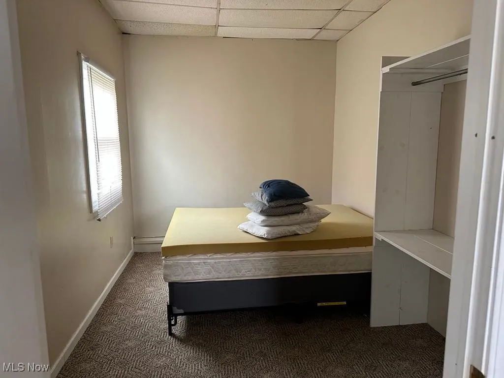 Unfurnished bedroom featuring baseboards, a paneled ceiling, and carpet