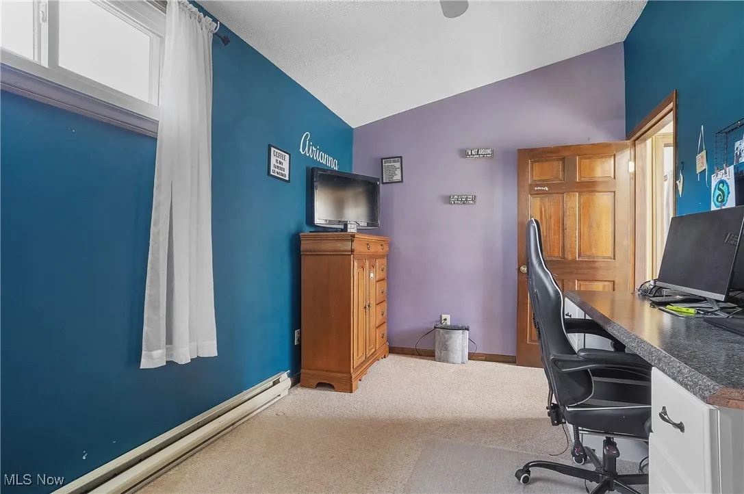 Office space featuring baseboards, baseboard heating, carpet floors, and vaulted ceiling