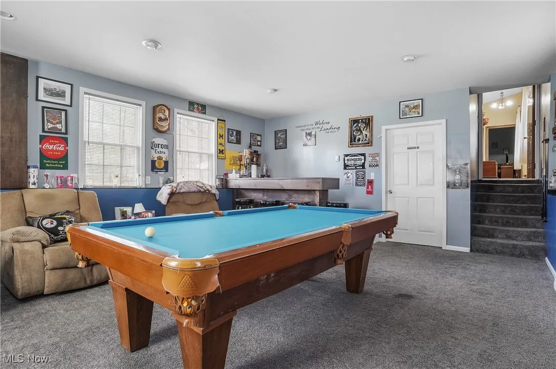 Rec room with carpet flooring and pool table