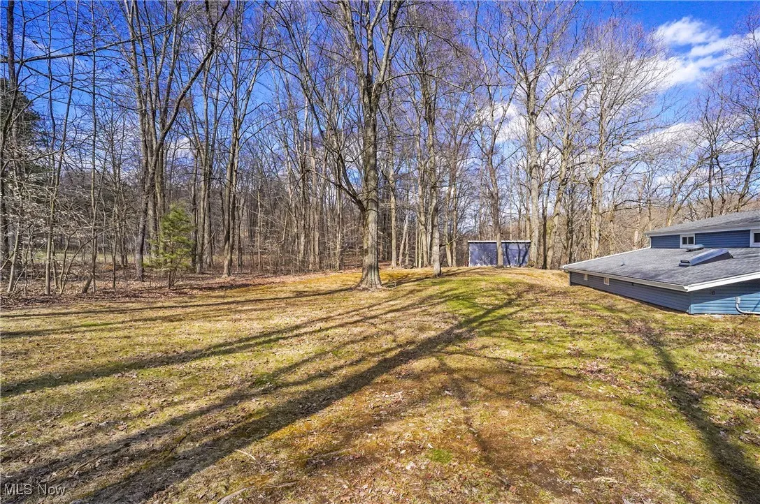 View of yard featuring a garage and an outdoor structure