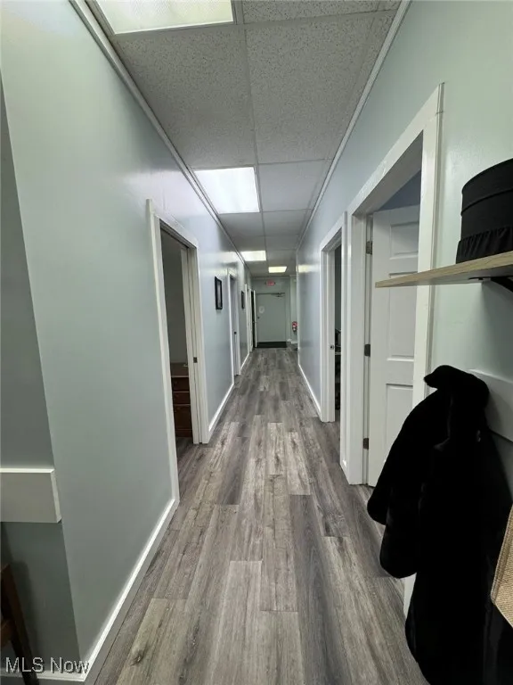Hall featuring baseboards, wood finished floors, and a paneled ceiling
