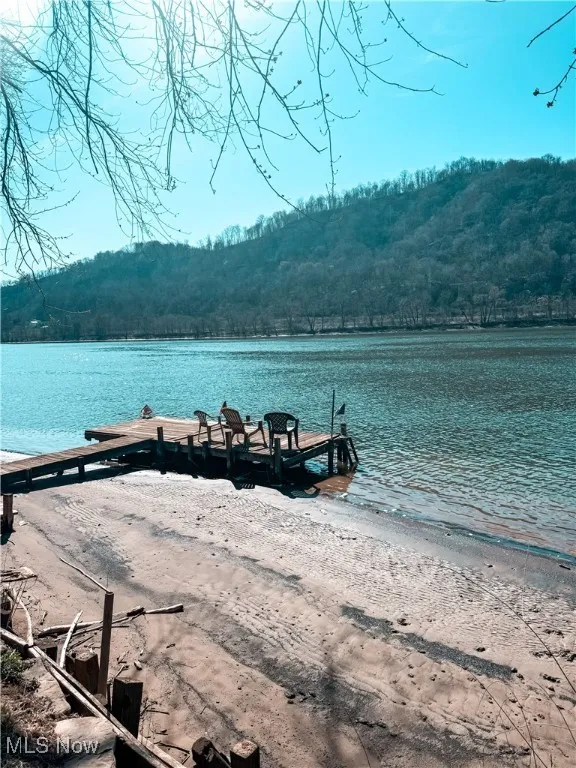 Dock area featuring a water view and a wooded view