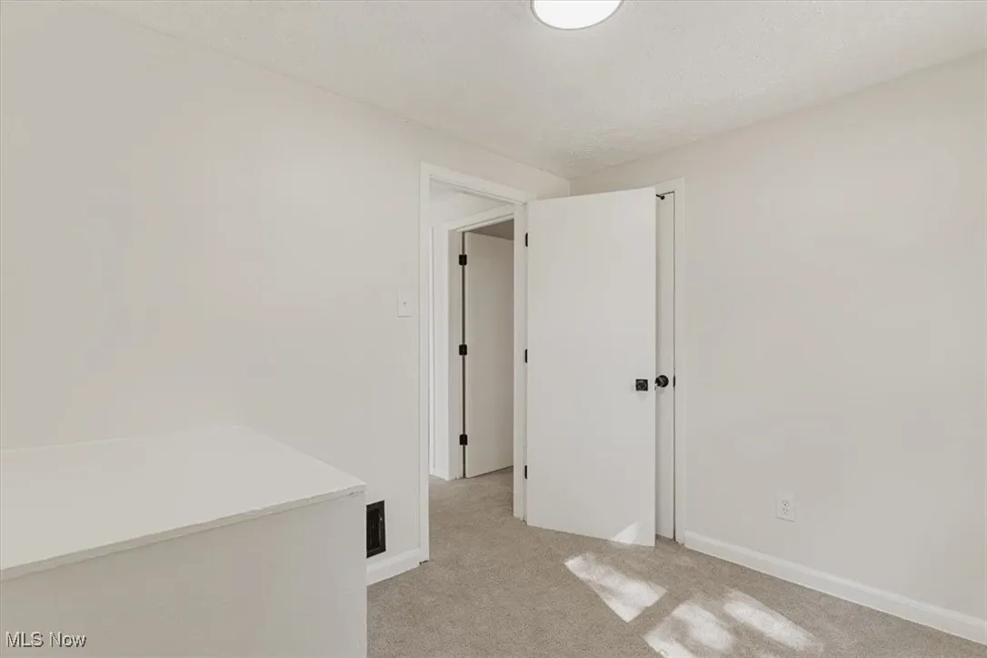 Empty room featuring light colored carpet and a textured ceiling