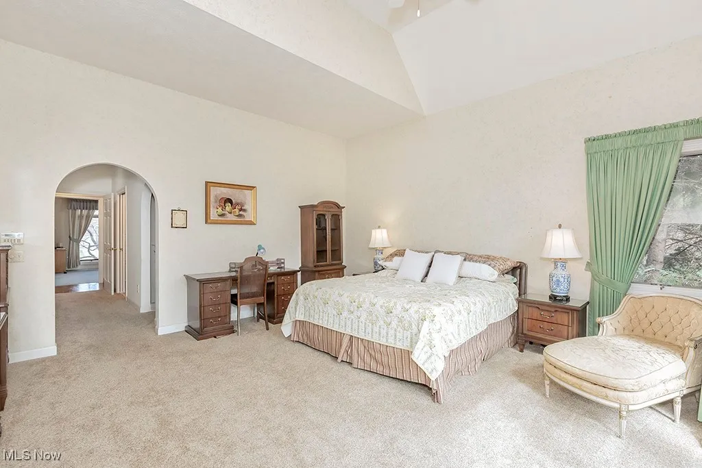 Primary Bedroom featuring light carpet, baseboards, vaulted ceiling, and arched walkways