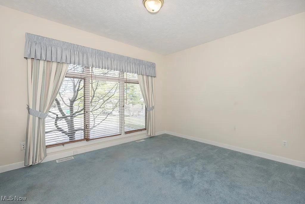 Carpeted empty room featuring baseboards, visible vents, and a textured ceiling
