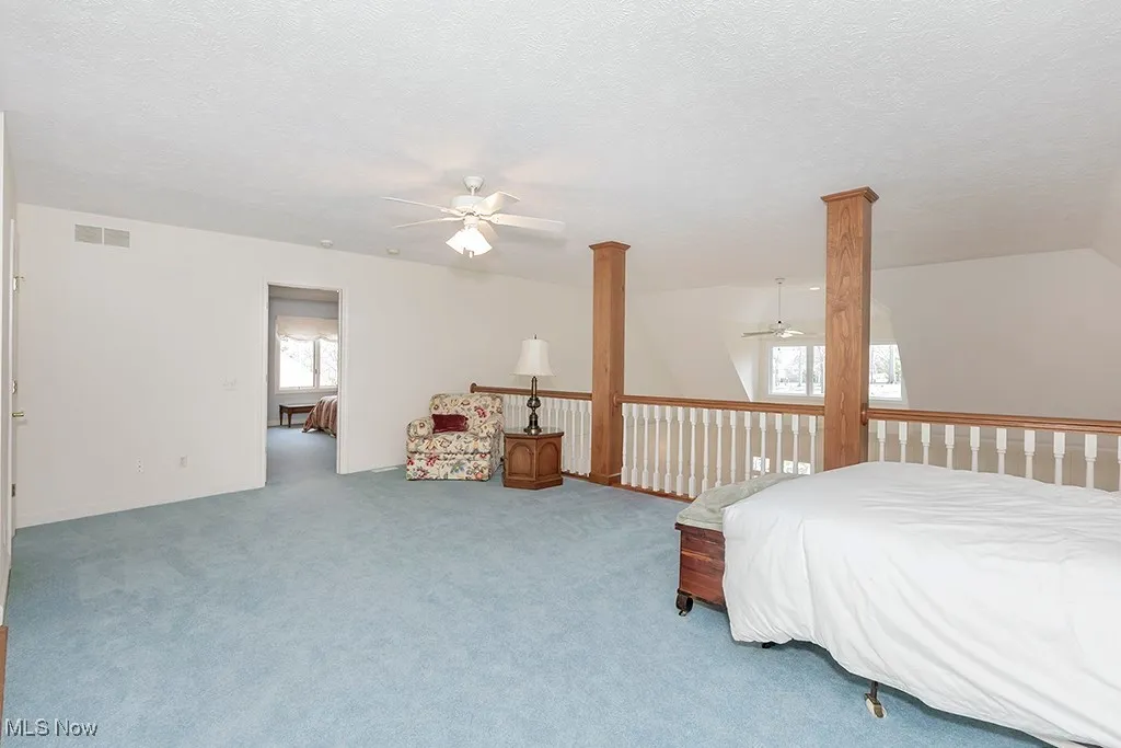 featuring ornate columns, carpet, a textured ceiling, visible vents, and a ceiling​​‌​​​​‌​​‌‌​‌‌​​​‌‌​‌​‌​‌​​​‌​​ fan