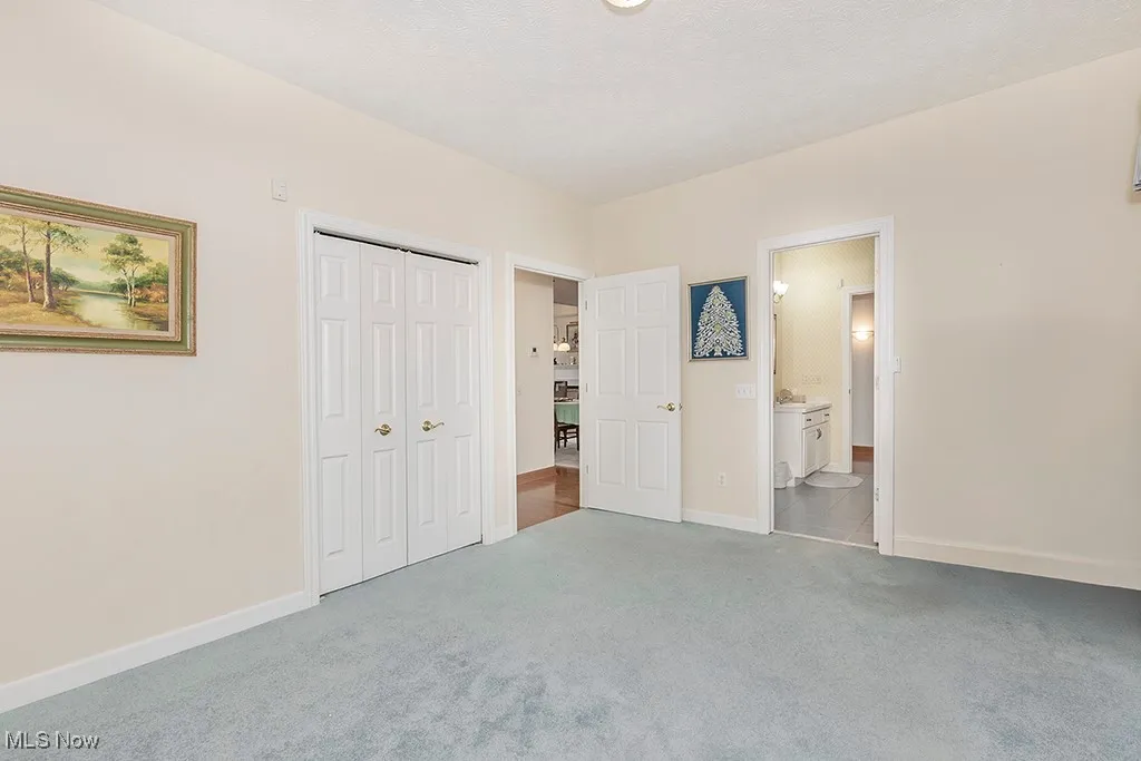 Unfurnished bedroom featuring baseboards, carpet floors, connected bathroom, and a closet