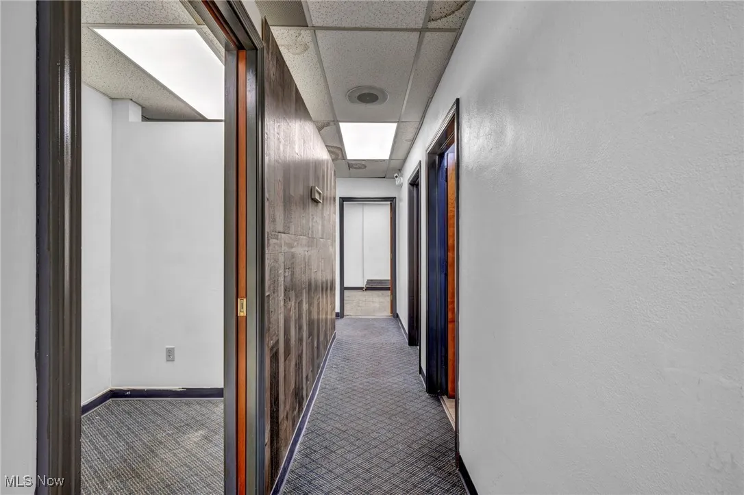 Hall featuring baseboards, a textured wall, a drop ceiling, and carpet