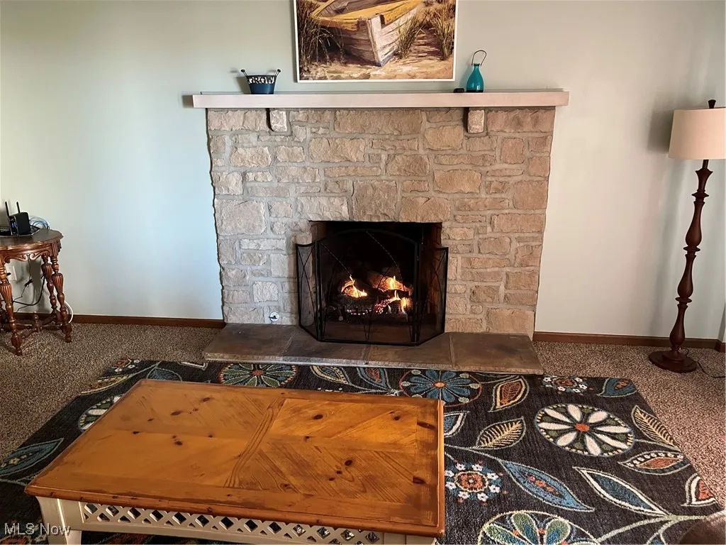 Interior details with carpet floors, a stone fireplace, and baseboards