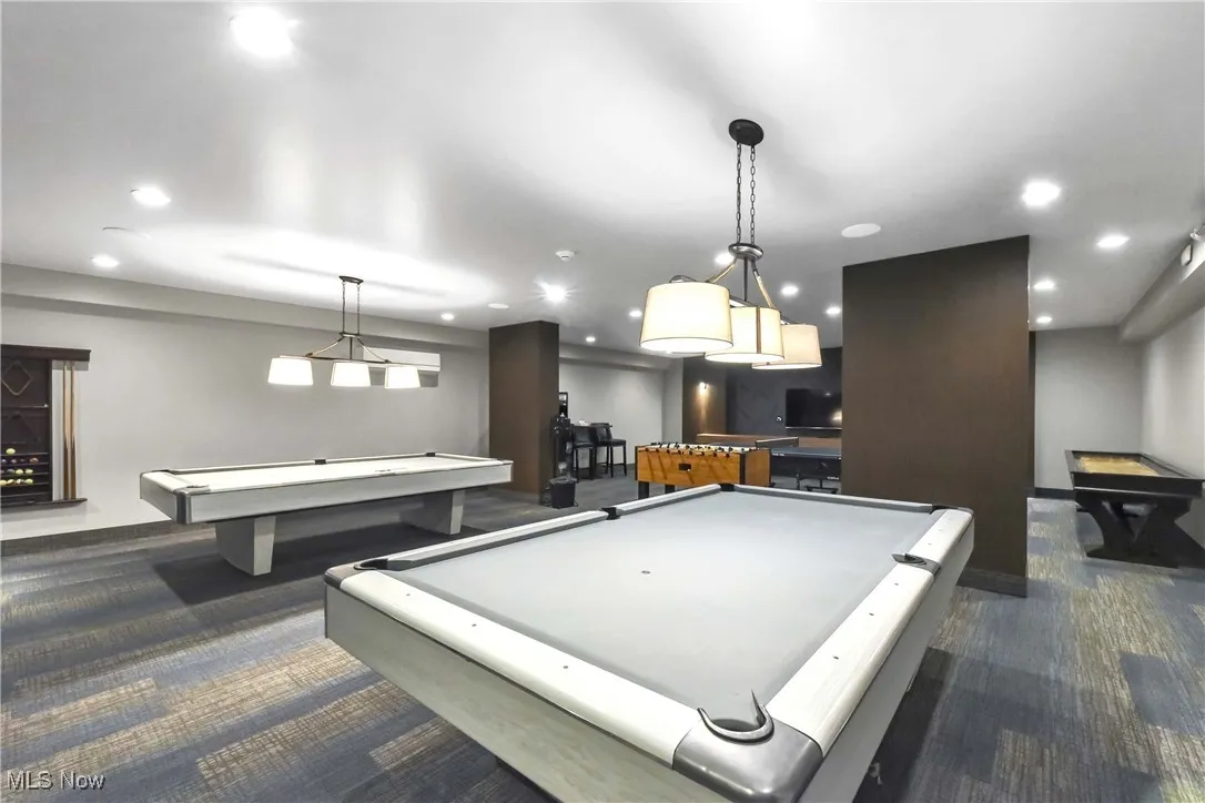Rec room with baseboards, pool table, dark carpet, and recessed lighting