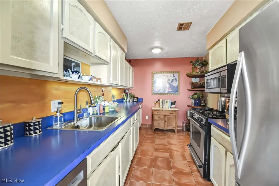 Kitchen with a textured ceiling, open shelves, a sink, and stainless steel appliances