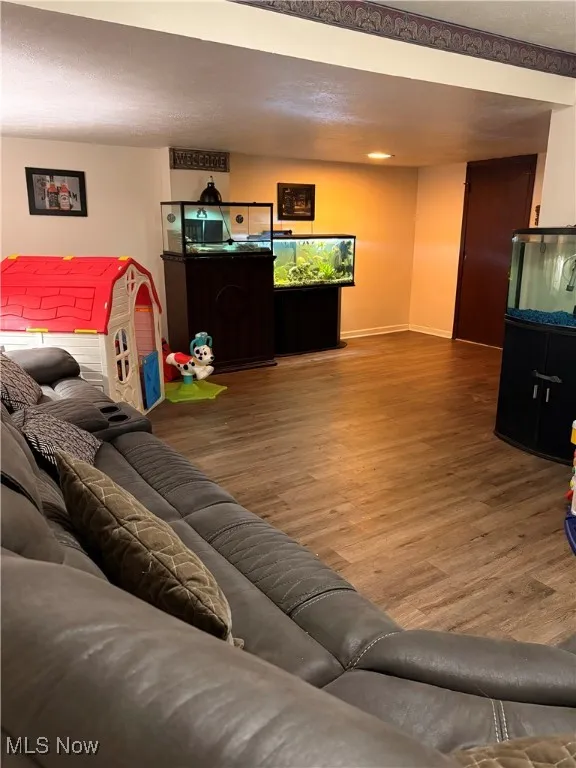 Family room with baseboards and wood finished floors