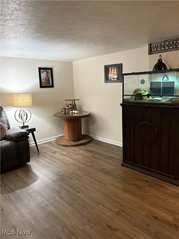 Family room featuring baseboards, wood finished floors, and a textured ceiling