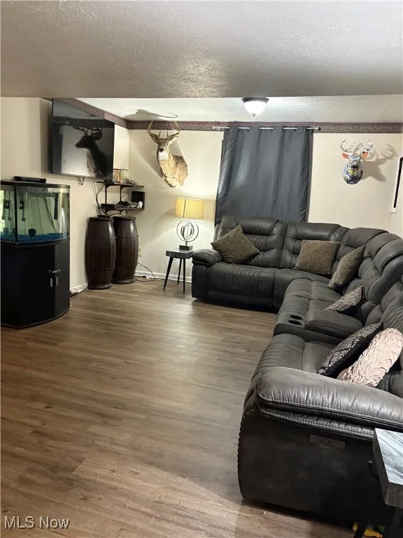 Family room featuring a textured ceiling, baseboards, and wood finished floors