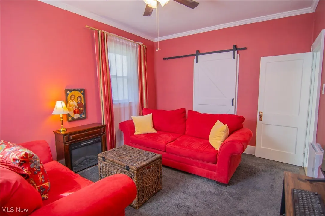Carpeted living room featuring a barn door, ornamental molding, a glass covered fireplace, and a ceiling fan
