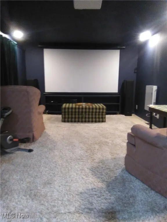 Home theater featuring carpet