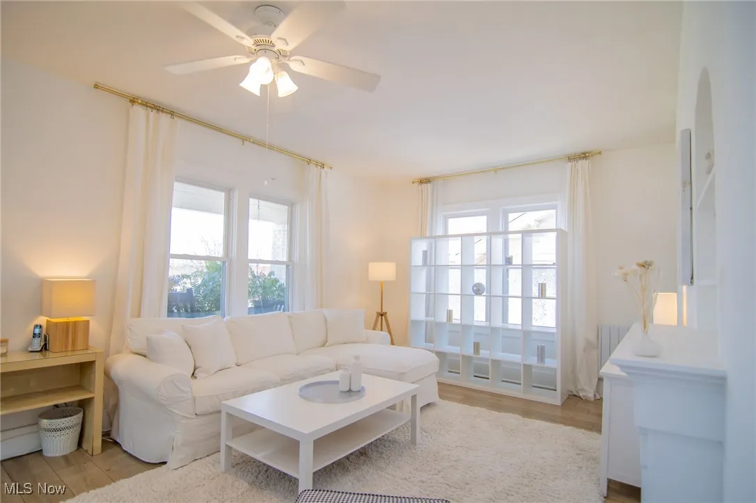 Living room with a ceiling fan and light wood finished floors