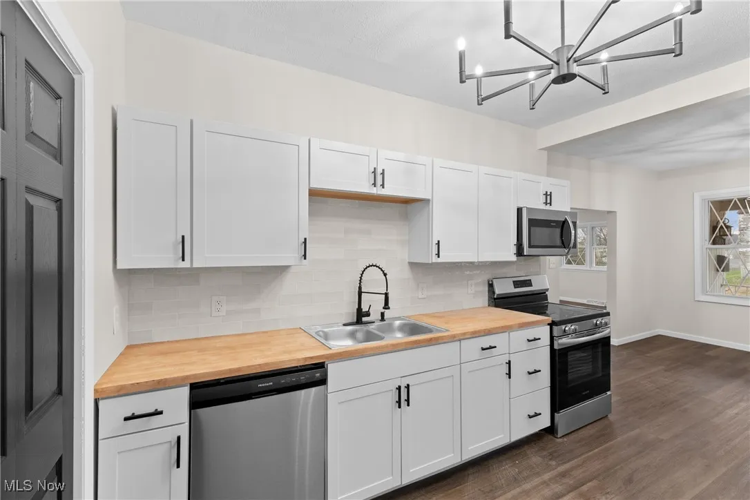 Kitchen with stainless steel appliances, butcher block counters, tasteful backsplash, a sink, and dark wood-style floors