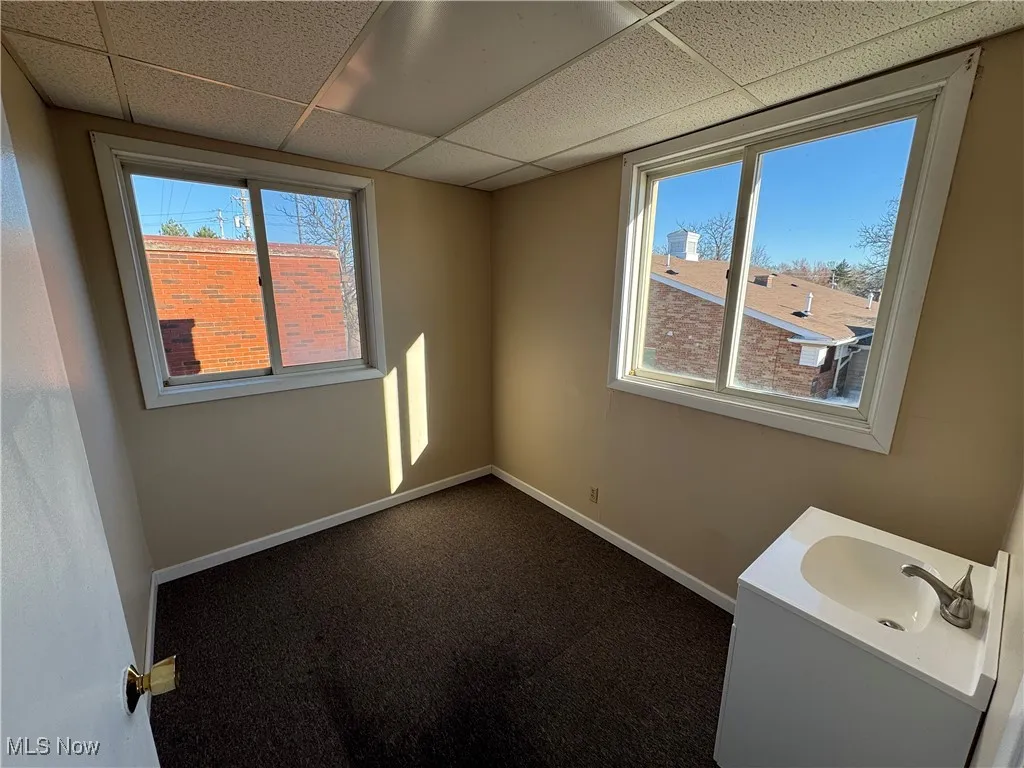 Unfurnished room with baseboards, dark colored carpet, a sink, and a drop ceiling