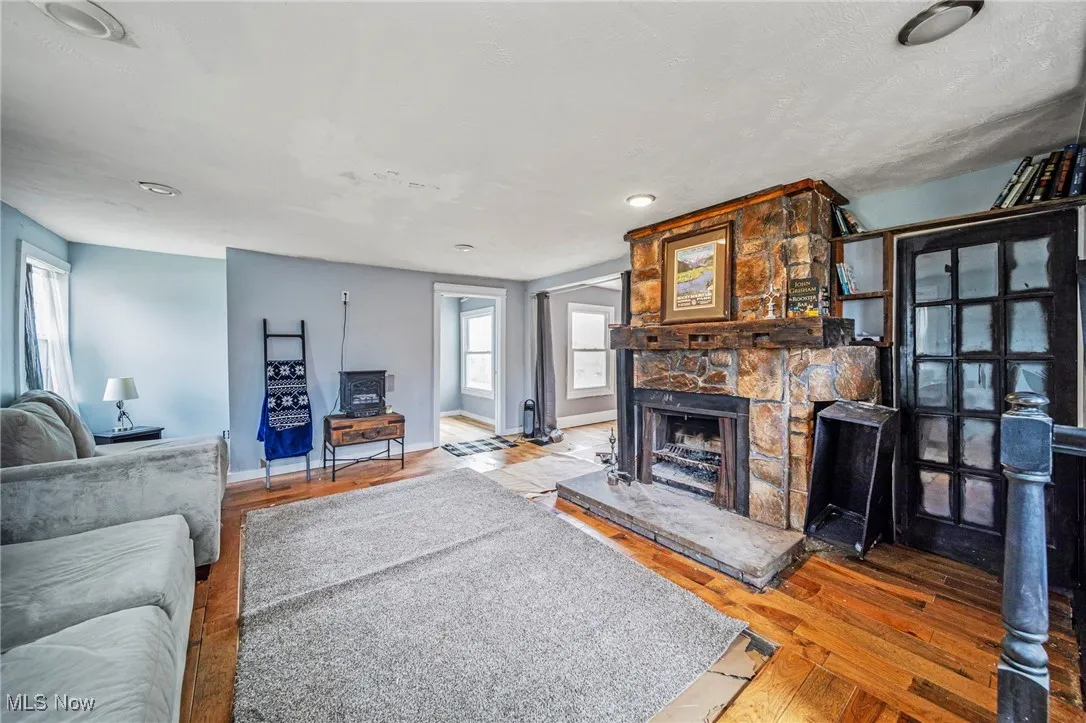 Family room with stone fireplace