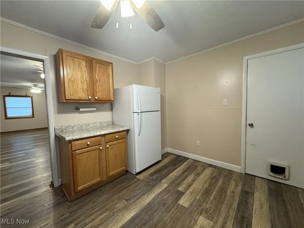 Kitchen with dark wood-style floors, a ceiling fan, ornamental molding, and freestanding refrigerator