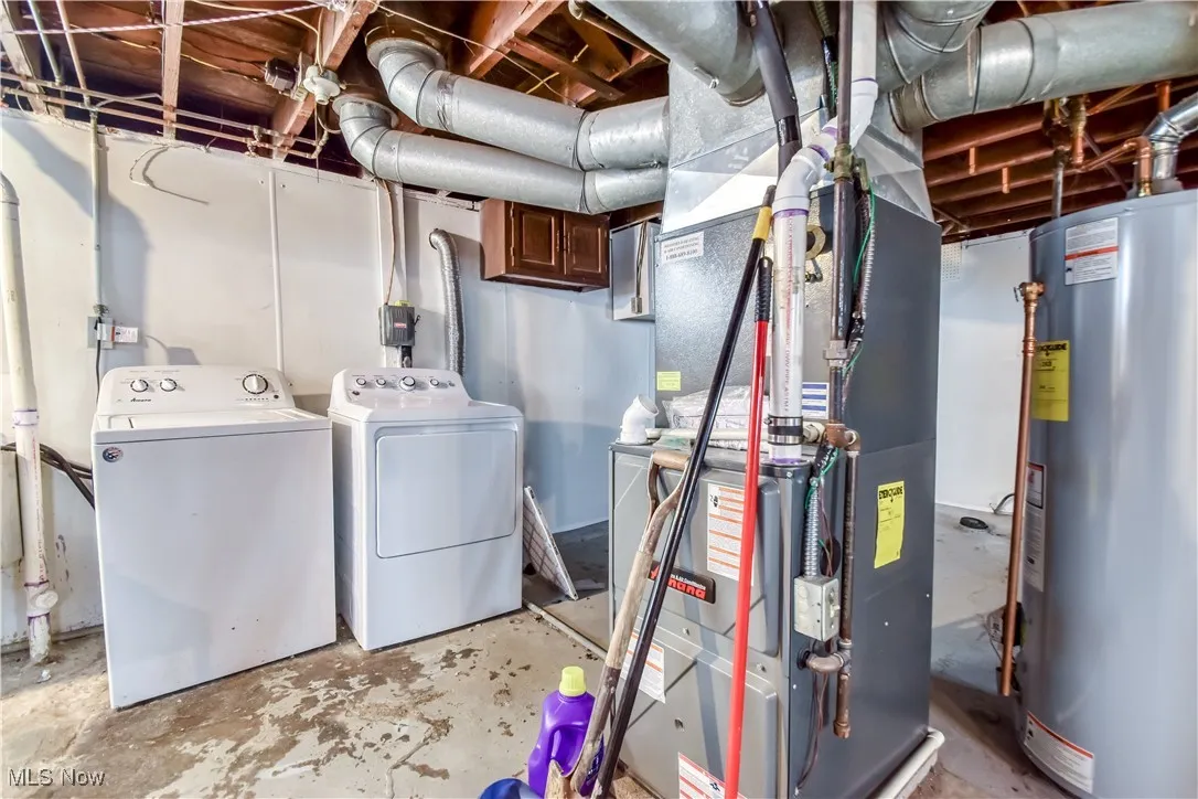 Clothes washing area with heating unit, washer and clothes dryer, laundry area, and gas water heater