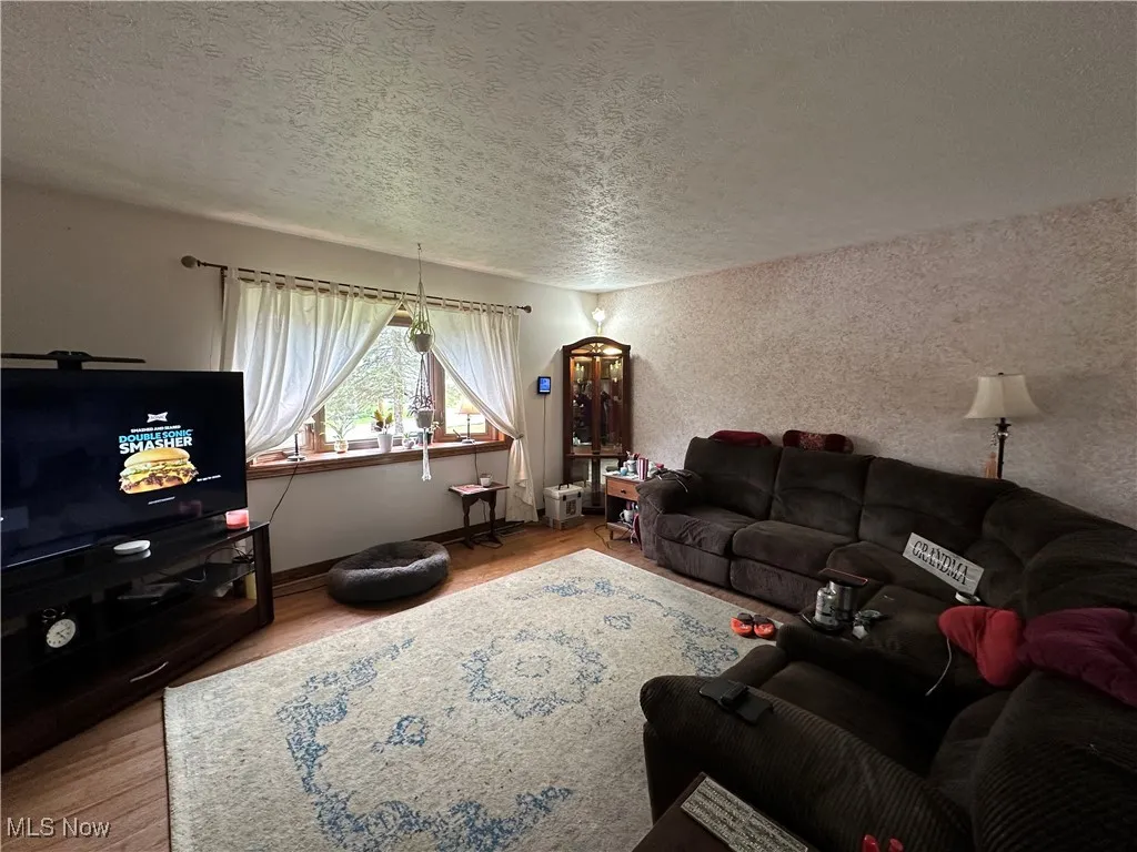 Living area featuring baseboards, wood finished floors, and a textured ceiling