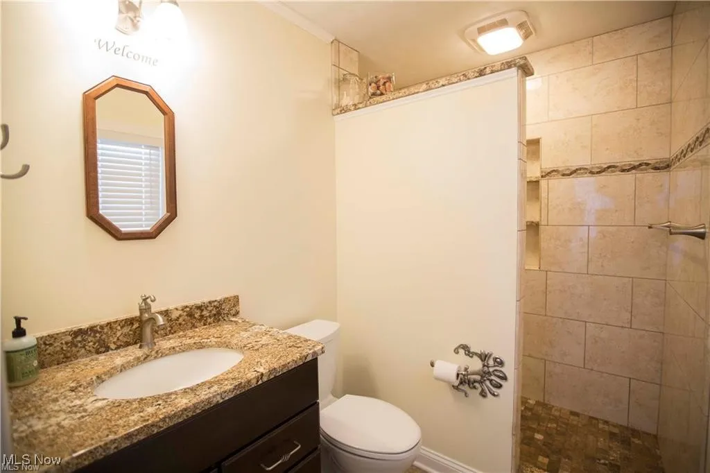 Full bathroom featuring a tile shower, toilet, and vanity