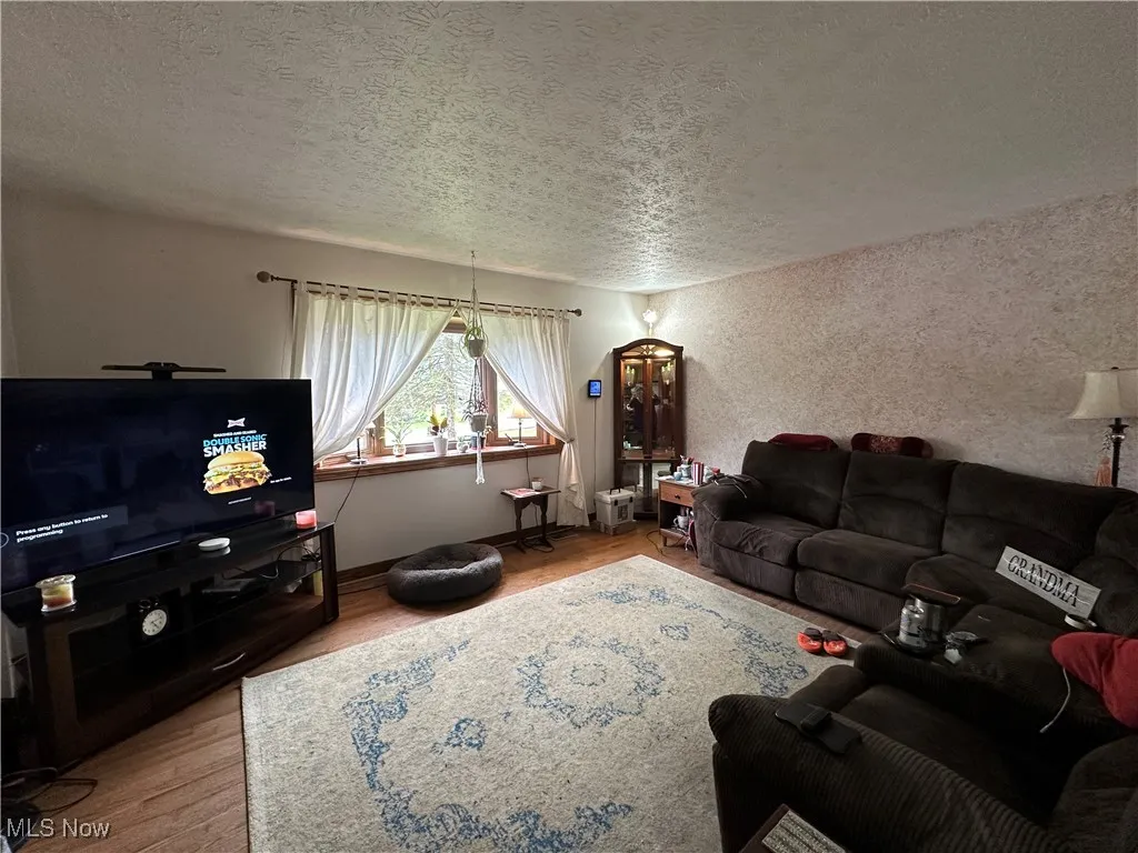 Living room with baseboards, a textured ceiling, and wood finished floors