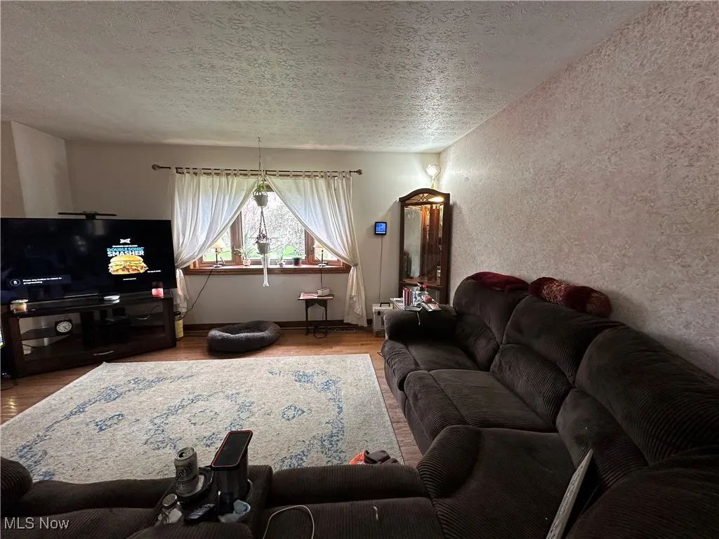 Living area with wood finished floors, a textured wall, and a textured ceiling