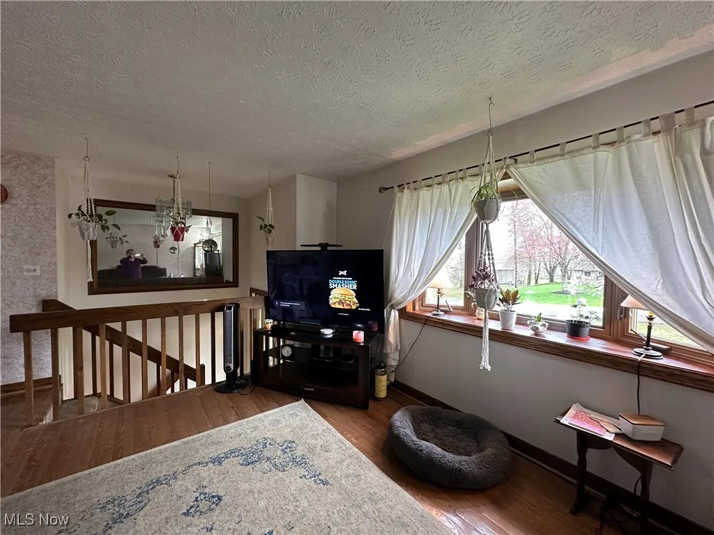 Living room with baseboards, wood finished floors, and a textured ceiling