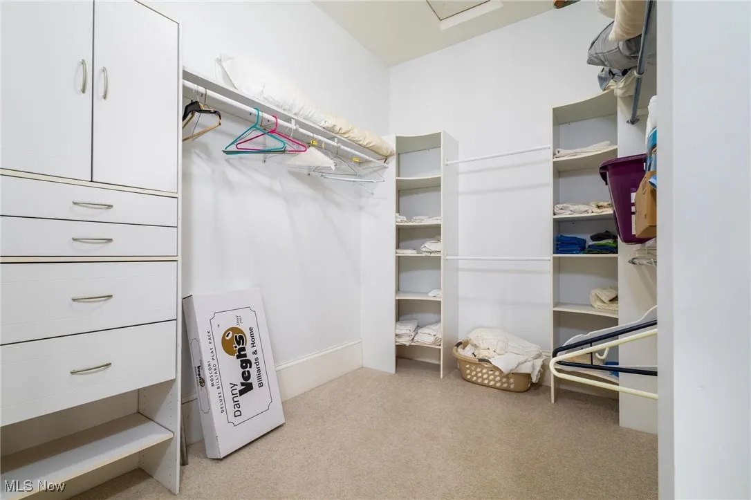 Spacious closet with light colored carpet