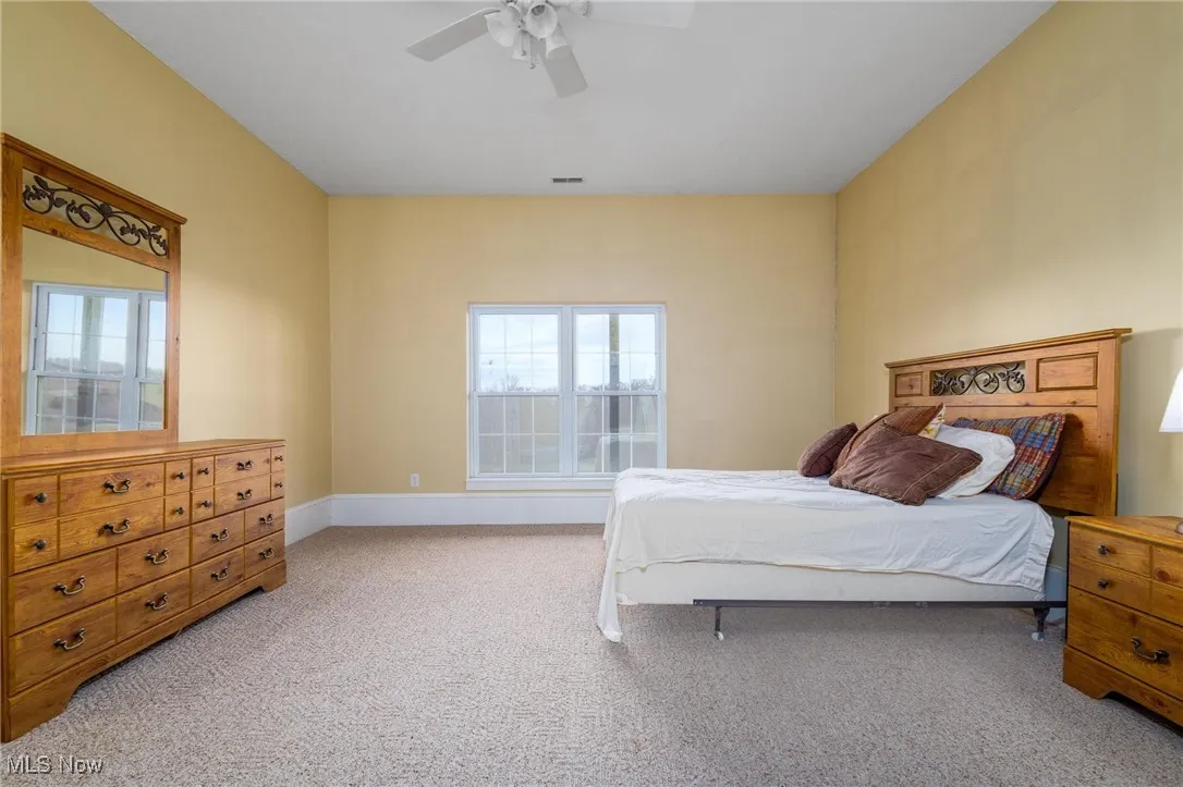 Carpeted bedroom with ceiling fan