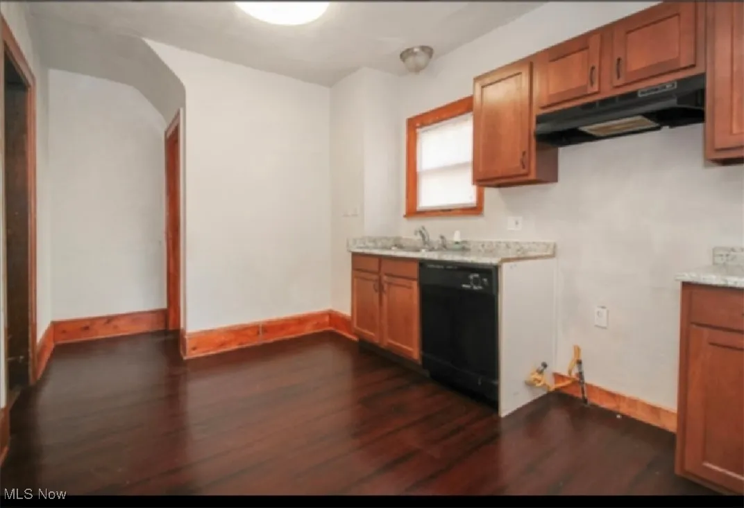 Kitchen with dishwasher, light countertops, dark wood-style floors, and under cabinet range hood