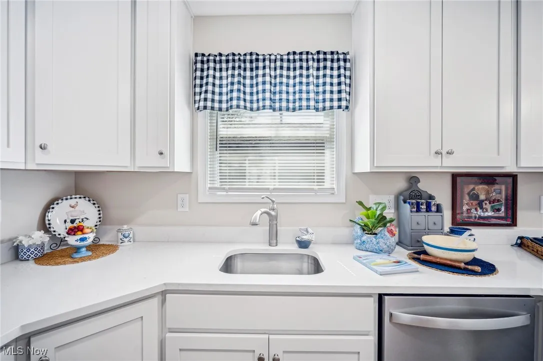 Kitchen featuring stainless steel dishwasher, white cabinets, and a sink