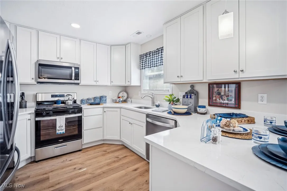 Kitchen with white cabinetry, light wood-style floors, visible vents, and stainless steel appliances