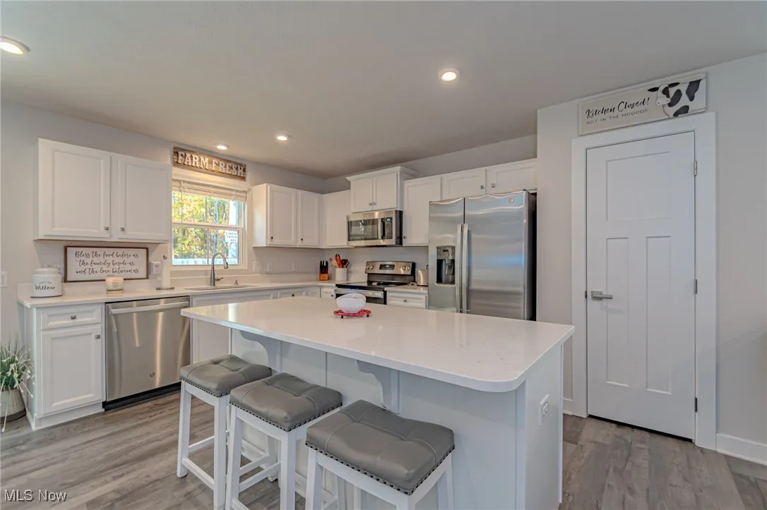Kitchen with white cabinets, a kitchen island, light countertops, a sink, and stainless steel appliances