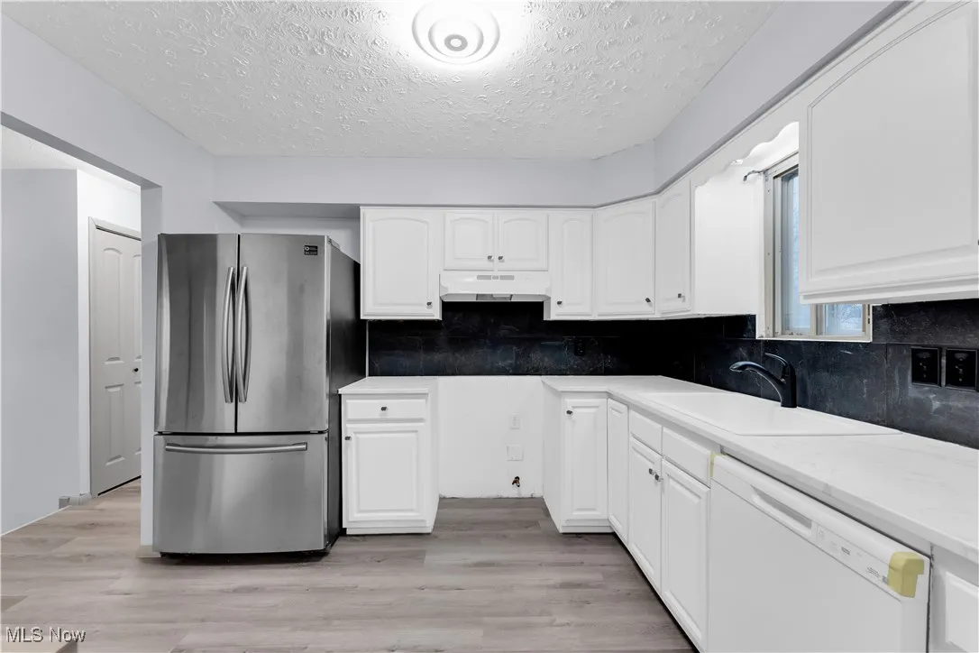 Kitchen with white dishwasher, a sink, light wood-type flooring, freestanding refrigerator, and under cabinet range hood