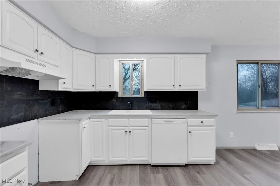 Kitchen featuring light wood-style floors, white cabinets, under cabinet range hood, dishwasher, and a sink