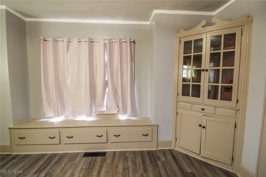 Mudroom featuring ornamental molding, baseboards, dark wood-style floors, and visible vents