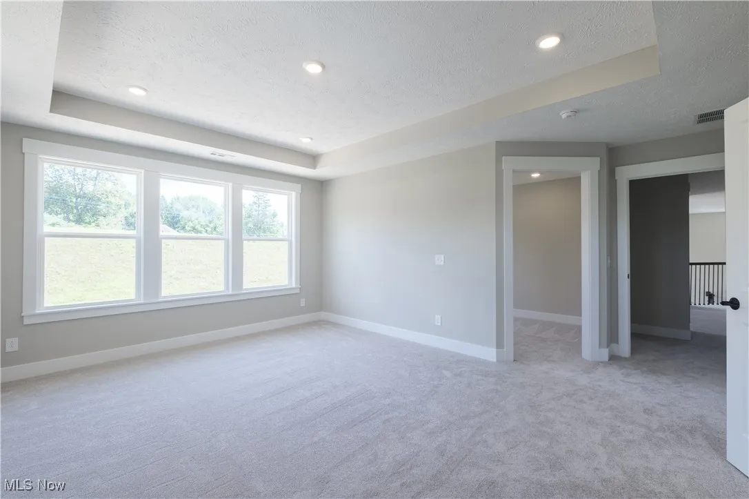 Spare room with a raised ceiling, a textured ceiling, light carpet, and recessed lighting