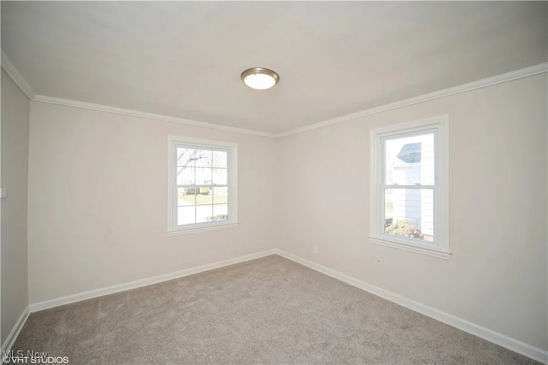 Unfurnished room featuring crown molding, baseboards, carpet, and plenty of natural light