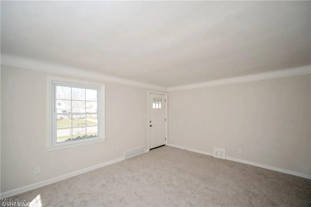 Spare room with light colored carpet, visible vents, and a wealth of natural light