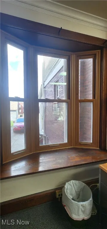 Details featuring crown molding and vanity
